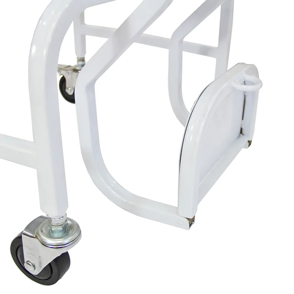 White metal wheelchair scales featuring sturdy frame, smooth wheels, and a footrest for easy access and stability