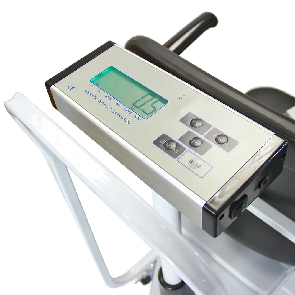 Digital display of disability wheelchair scales with stainless steel panel, buttons, and clear readout for accurate weight measurement