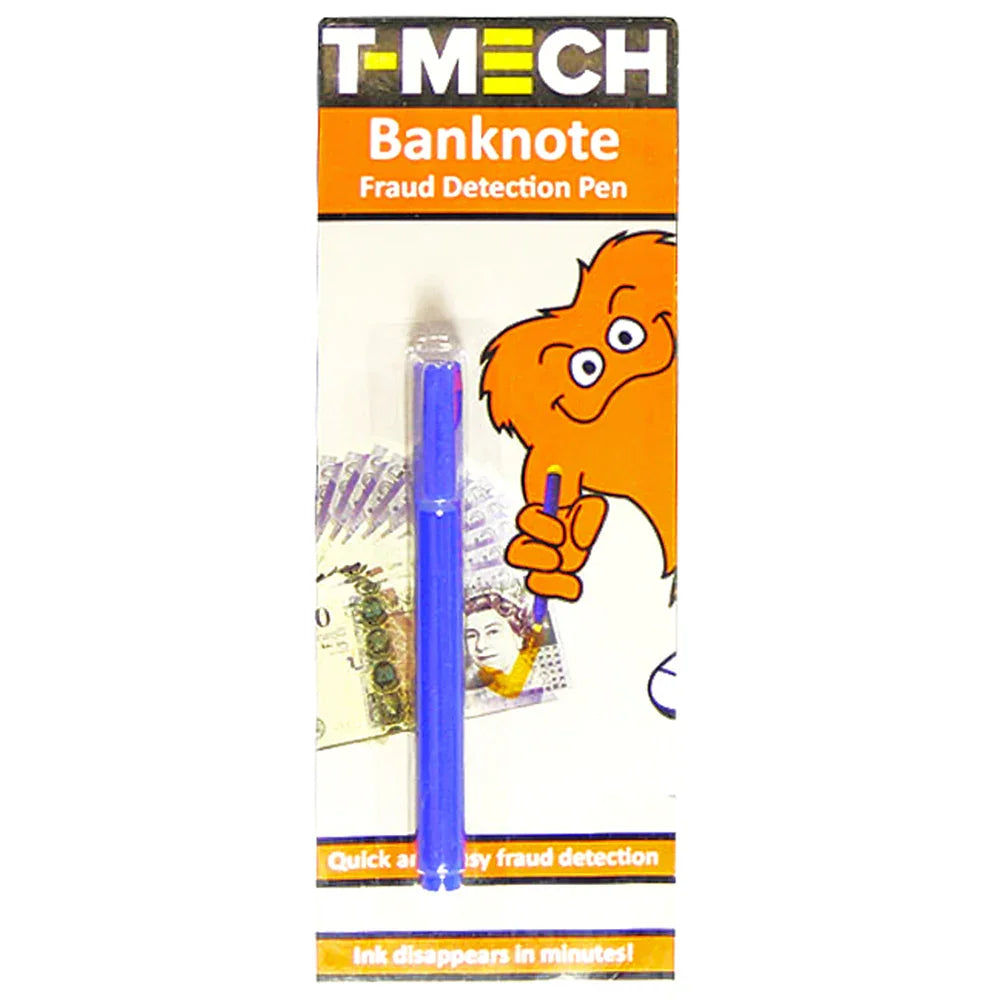 Blue counterfeit money detector pens displayed on a bright orange card, featuring an illustration and text highlighting fraud detection features