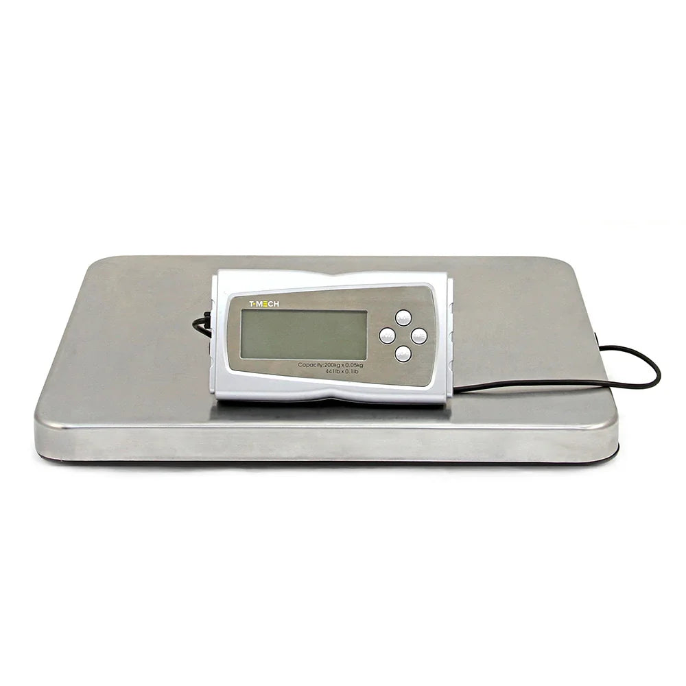 T-Mech Heavy Duty Postal Scales with a stainless steel platform and digital display, designed for accurate weight measurement