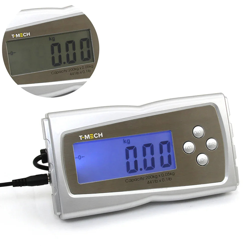 T-Mech Heavy Duty Postal Scales with a sleek silver design, large blue LCD display, and capacity of 200 kg, ideal for accurate weighing