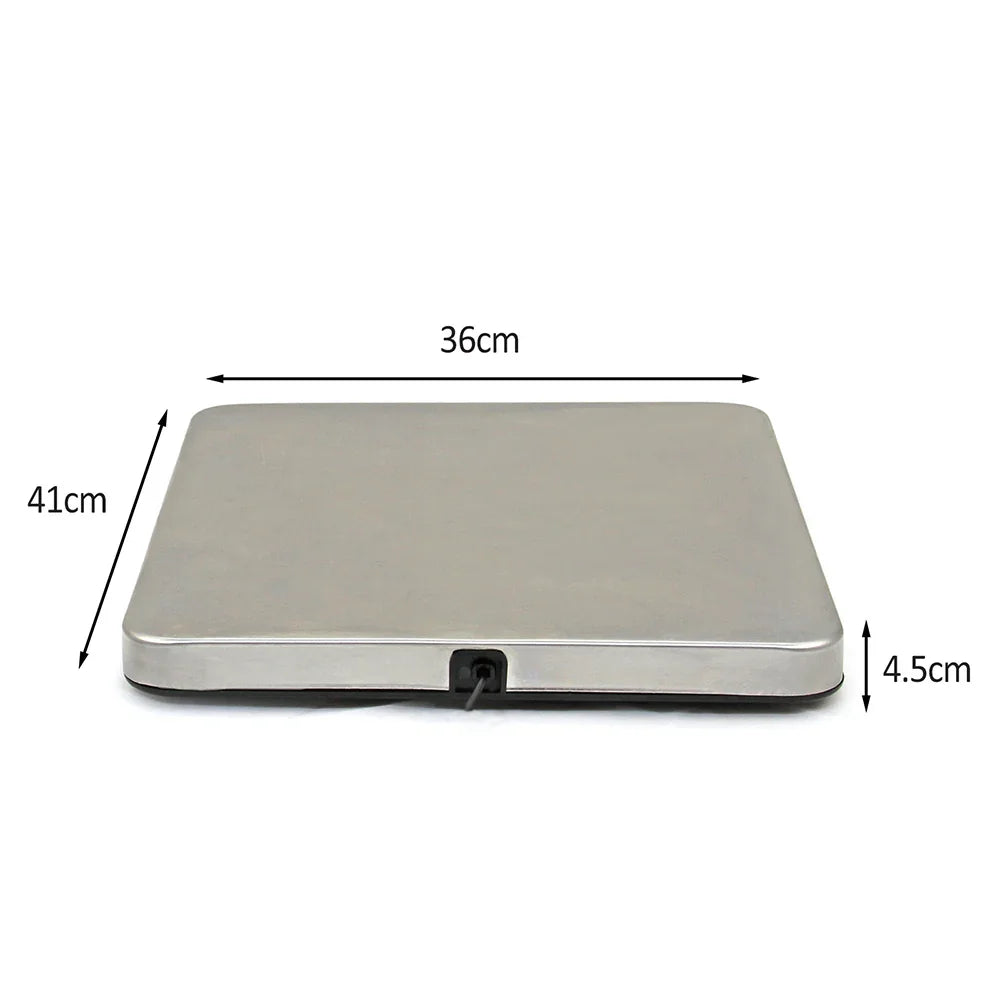T-Mech Heavy Duty Postal Scales with a sleek stainless steel platform measuring 36cm by 41cm and 4.5cm thick, ideal for accurate weighing
