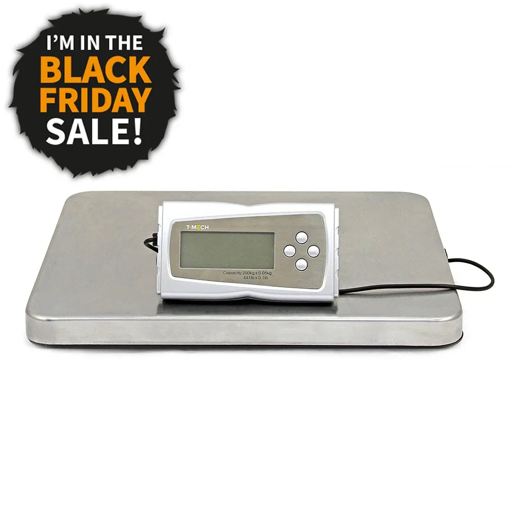 Heavy duty T-Mech postal scales with a stainless steel platform and digital display, featuring a Black Friday sale banner