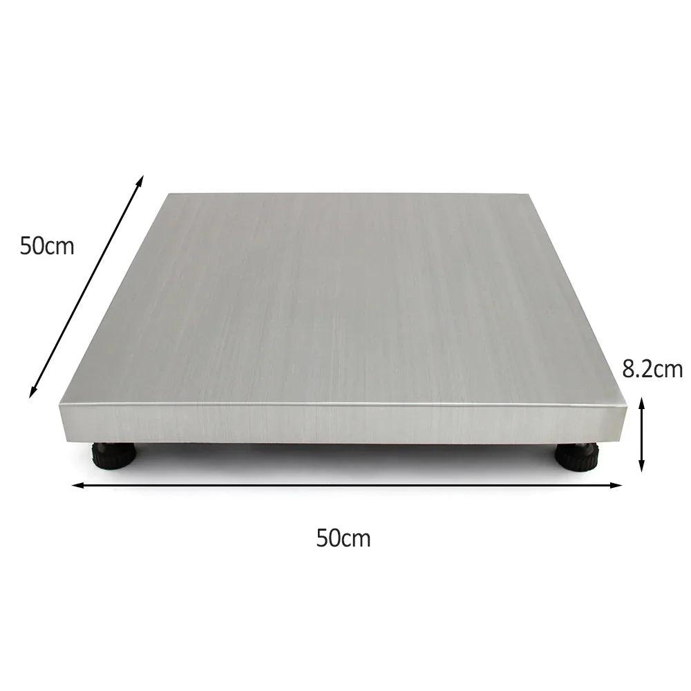 T-Mech 50cm x 50cm vet scales with a sleek stainless steel surface, measuring 8.2cm in height, ideal for weighing pets and small animals
