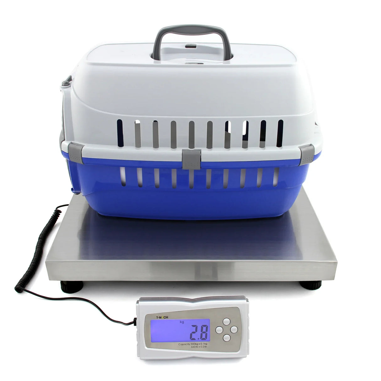 T-Mech 50cm x 50cm vet scales with a blue pet carrier on a stainless steel platform and a digital display showing weight