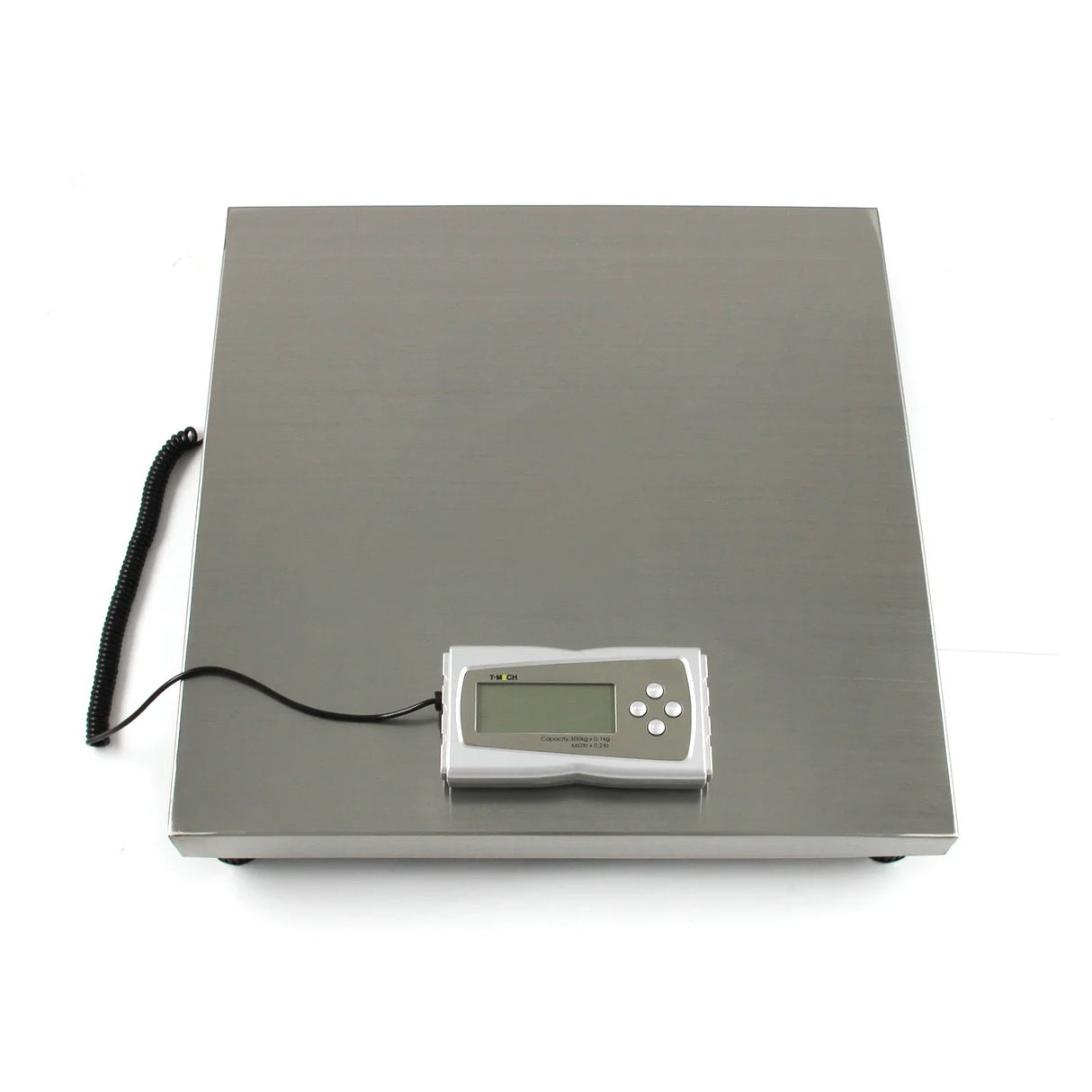 Stainless steel vet scales measuring 50cm x 50cm with a digital display and coiled cord, designed for accurate pet weight measurement