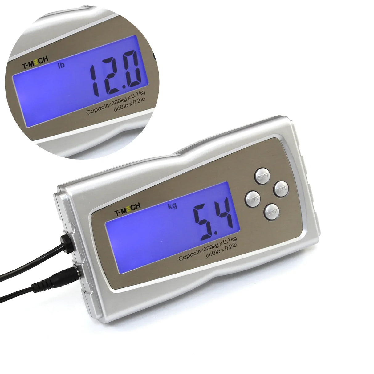 T-Mech 50cm x 50cm vet scales with a sleek silver design, large blue digital display showing weight in pounds and kilograms