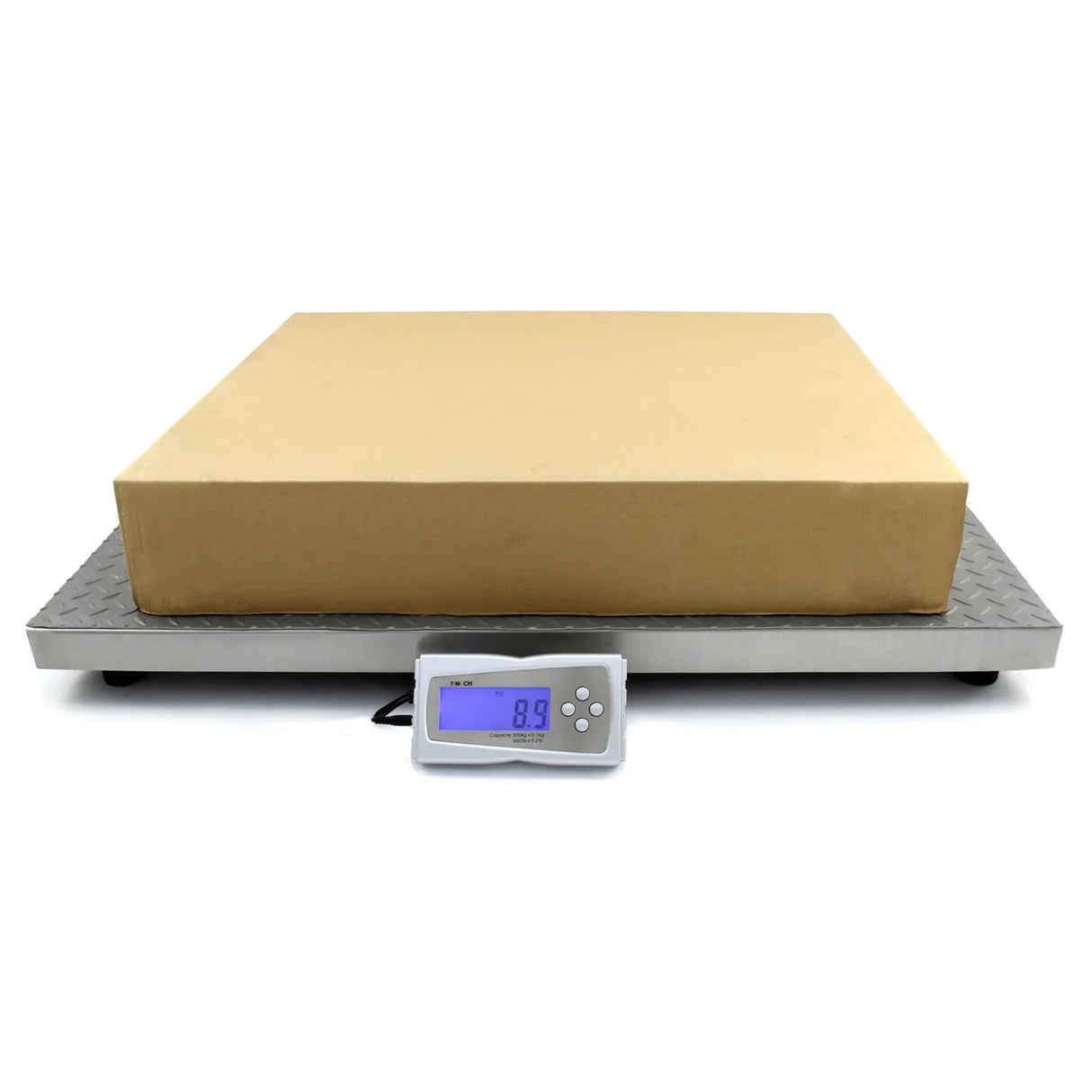 T-Mech 90cm x 60cm platform scales with a digital display, featuring a sturdy metal base and a large cardboard box for weighing