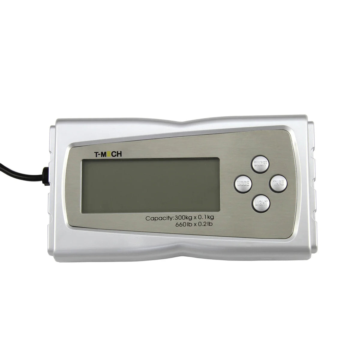 T-Mech platform scales display with a large digital screen, silver casing, and control buttons for easy weight measurement