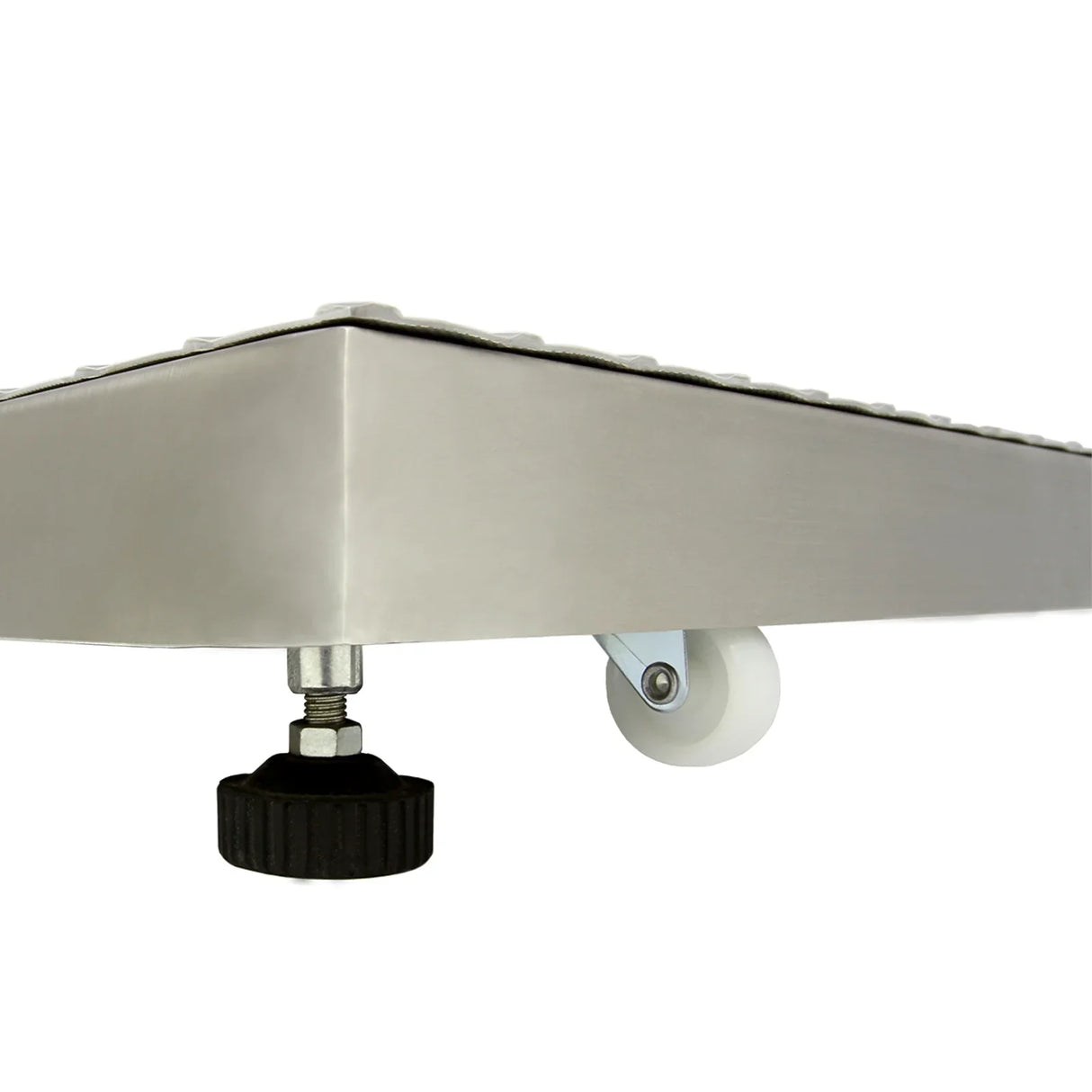 Sturdy stainless steel platform scales with a textured surface, adjustable feet, and smooth-rolling wheels for easy mobility