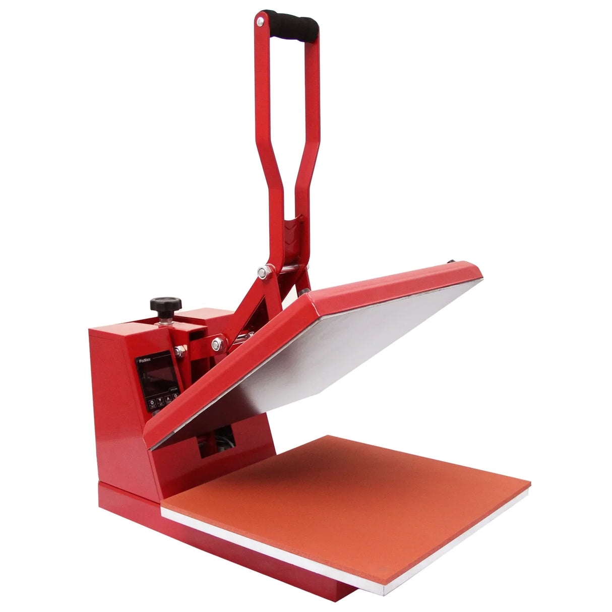 Red 38cm clam press with a sturdy handle, featuring a large flat heating surface and adjustable pressure for vinyl applications