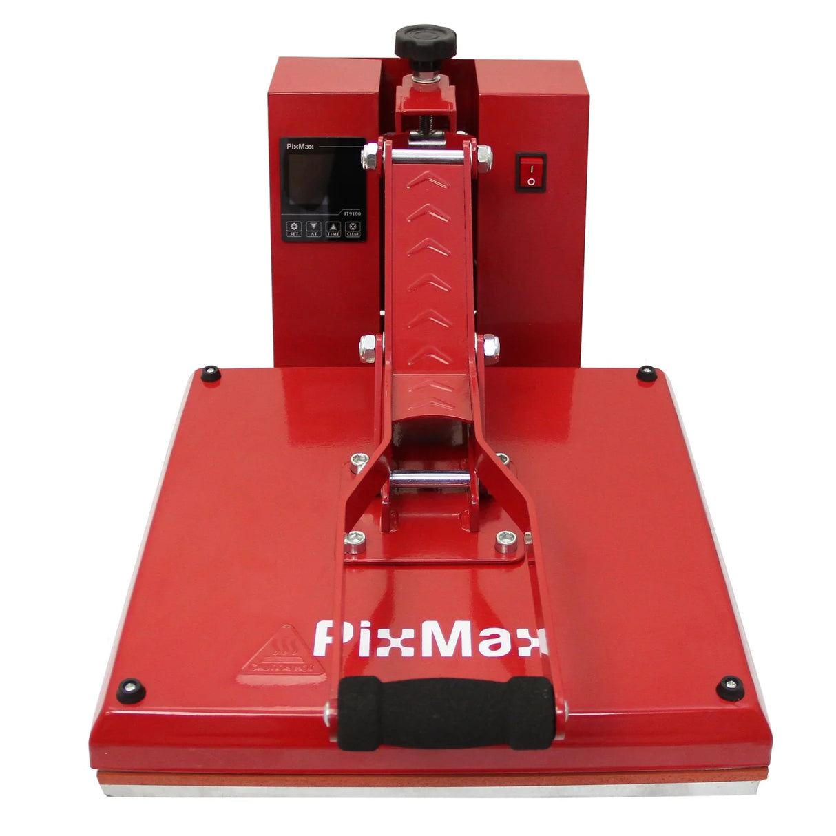Bright red 38cm clam press with a sturdy handle, digital display, and adjustable pressure for heat transfer projects