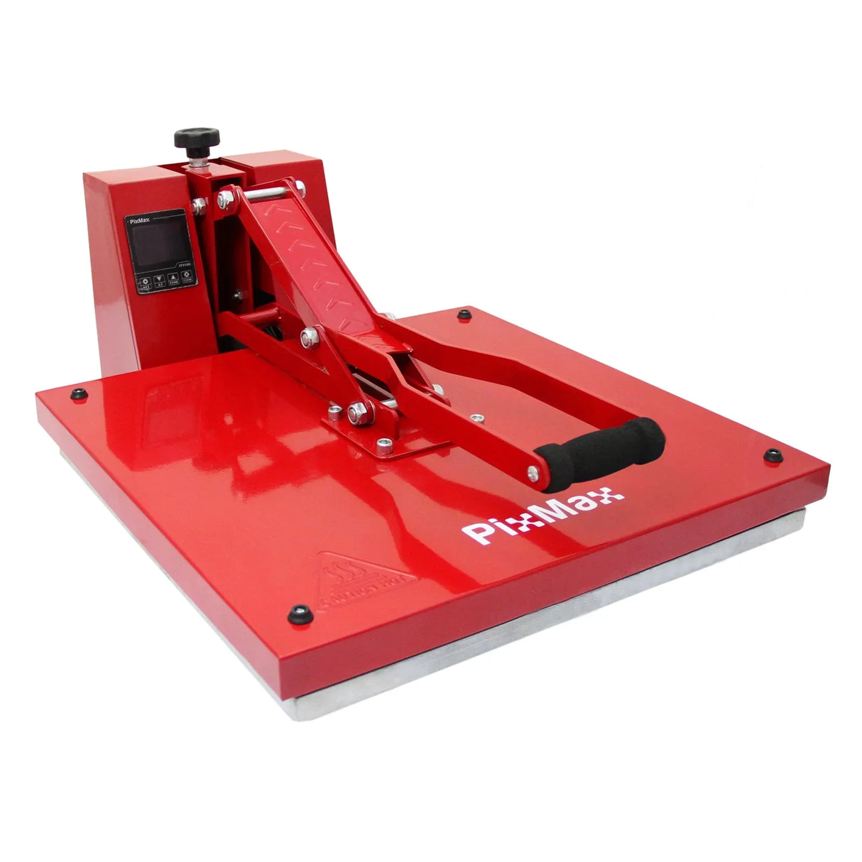 Clam-style heat press in vibrant red with a sturdy handle, digital display, and flat pressing surface for sublimation...