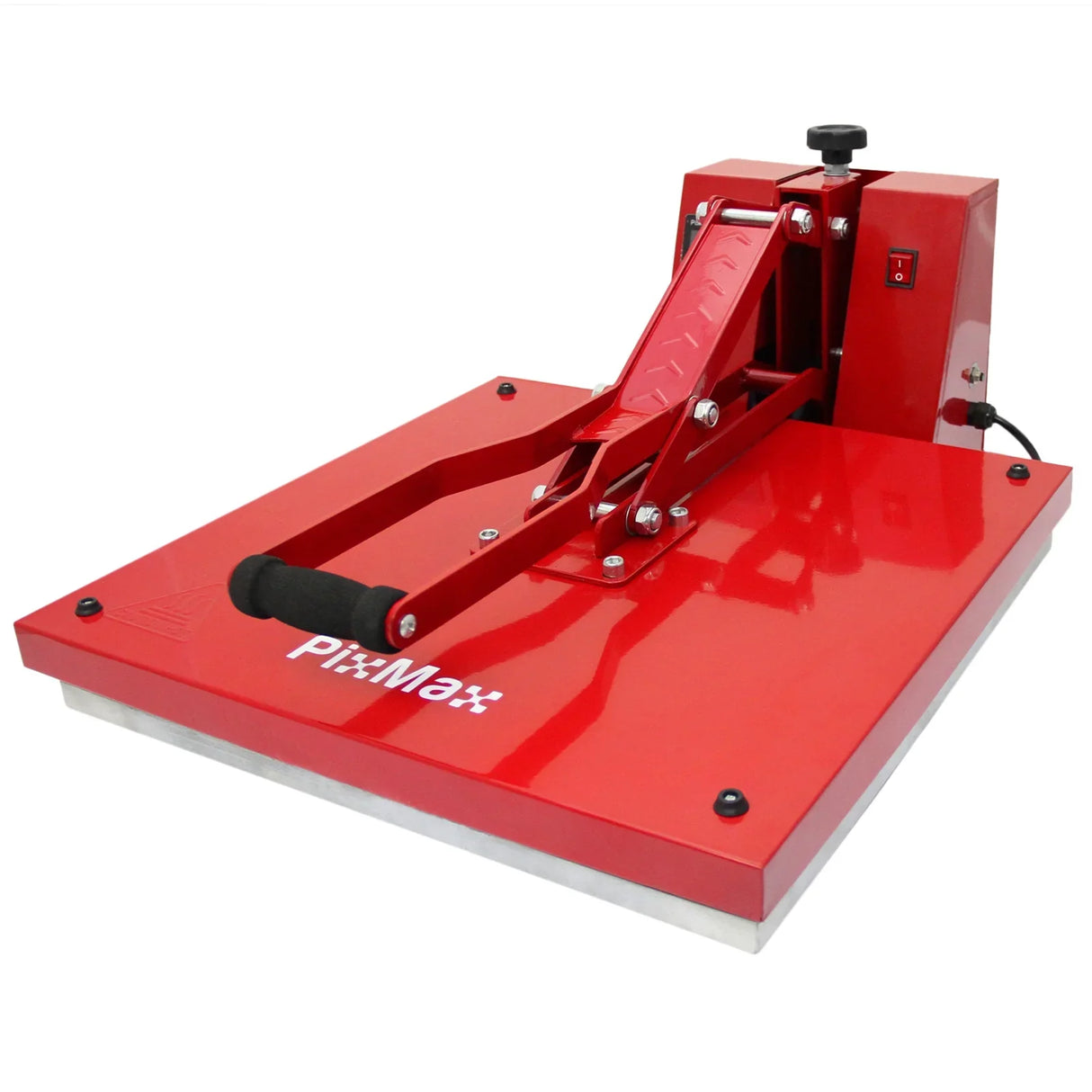 Clam-style heat press in vibrant red with a sturdy base, ideal for sublimation printing on face masks and fabrics