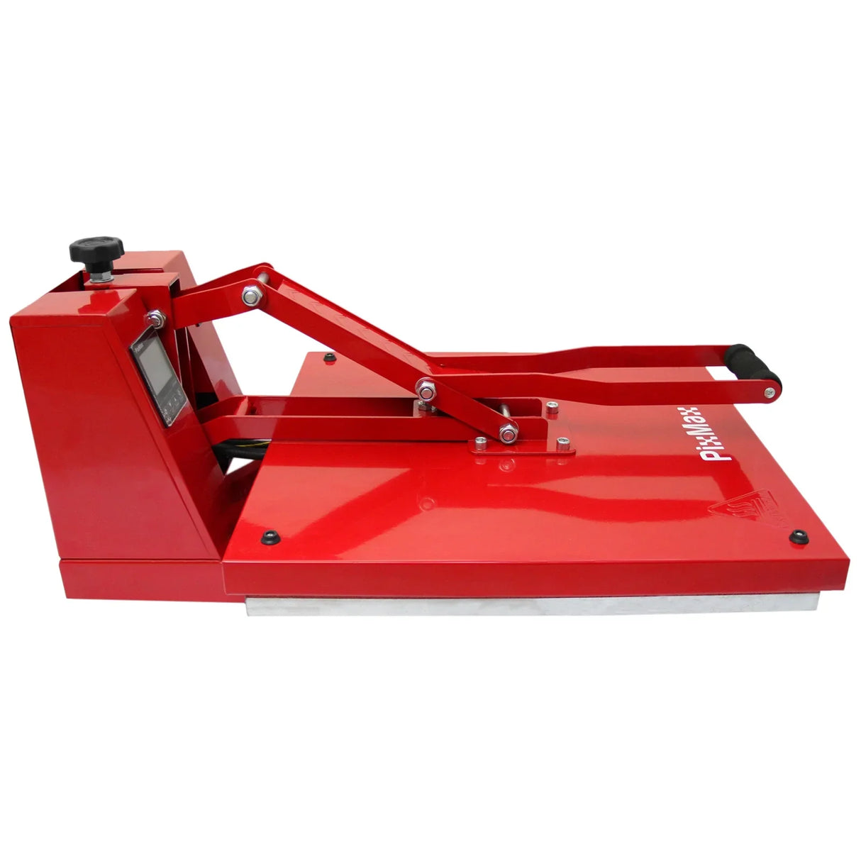 Red heat press machine with a sturdy lever, flat surface, and digital display, ideal for vinyl cutting and sign-making projects