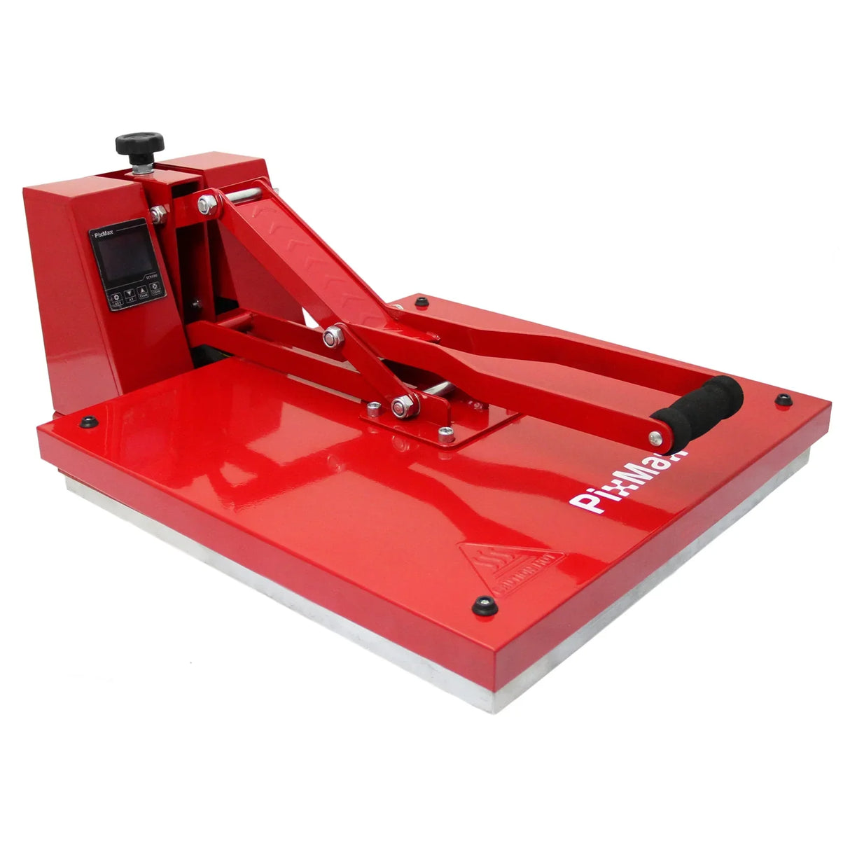 50cm clam heat press in vibrant red with a sturdy base, adjustable handle, and digital display for precise temperature control