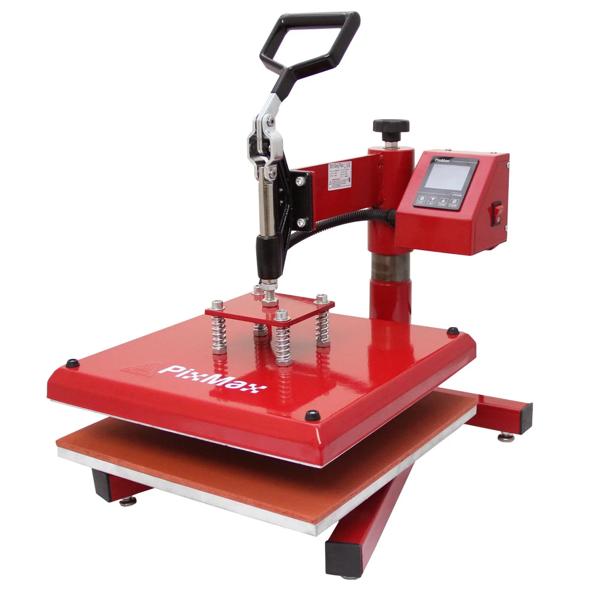 38cm red swing press with a sturdy base, adjustable pressure handle, and digital control panel for precise heat transfer applications