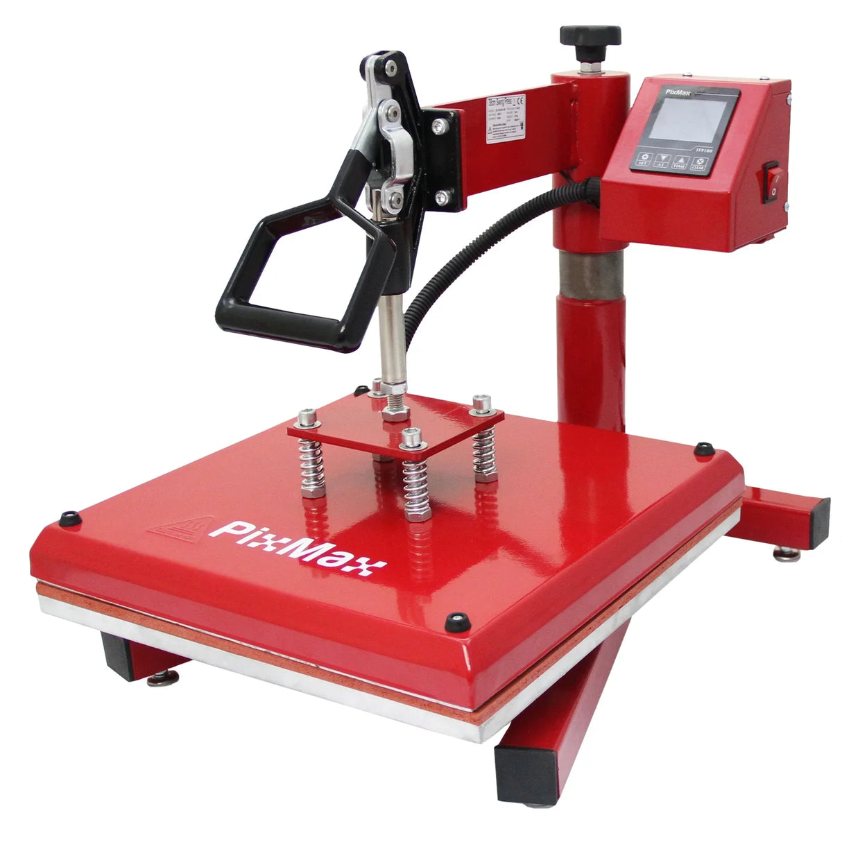 Red swing heat press machine with a sturdy base, adjustable handle, and digital control panel for precise temperature...
