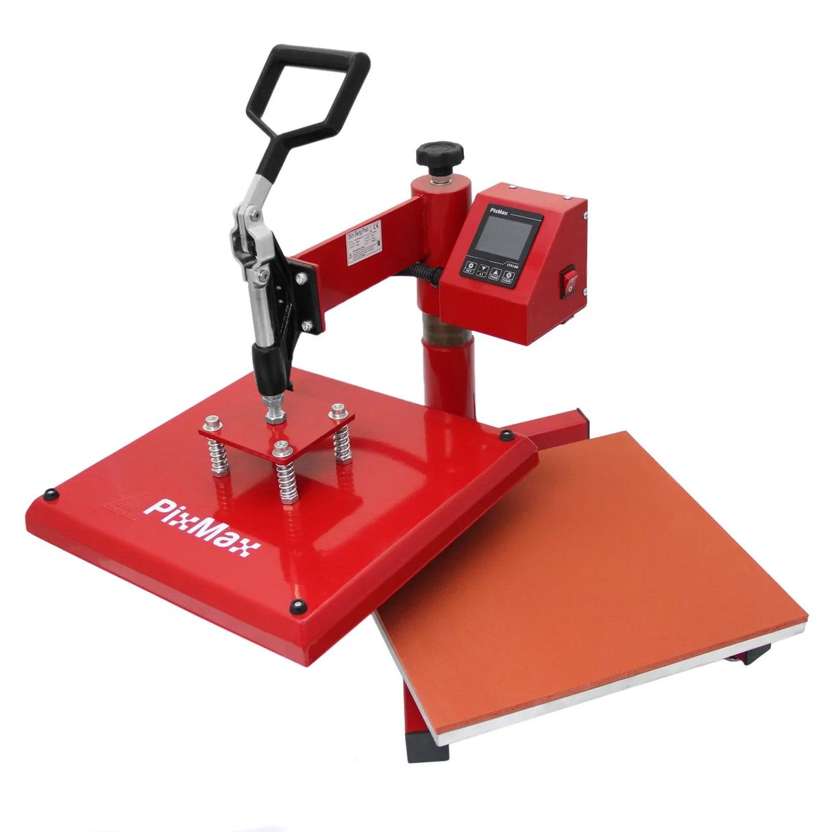 38cm swing press in vibrant red with adjustable handle, digital display, and sturdy base, ideal for heat transfer projects
