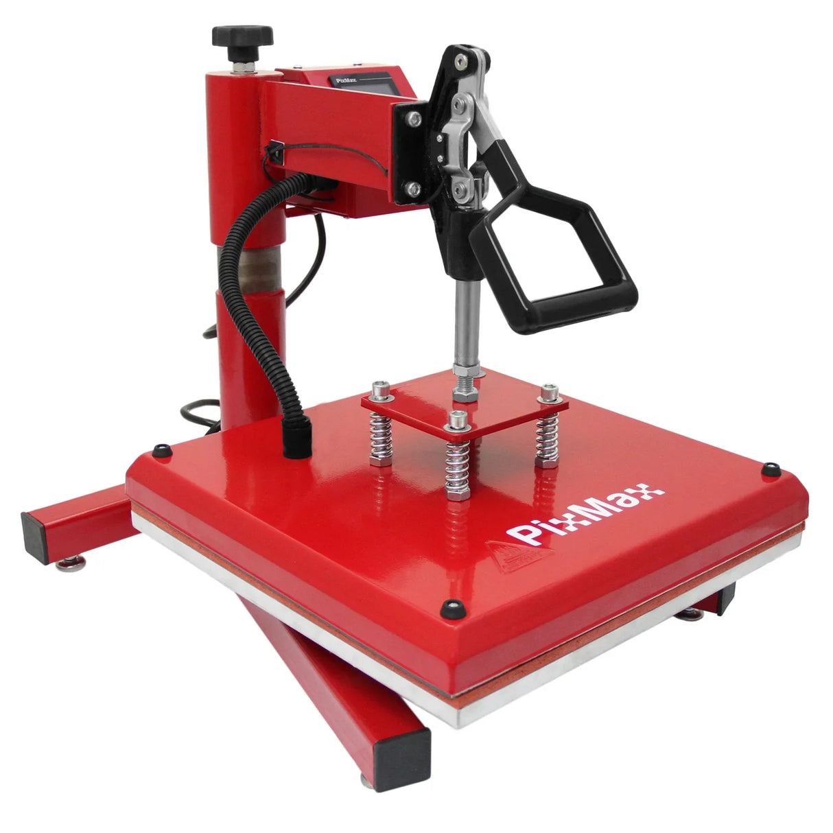 Red swing heat press machine with adjustable handle, sturdy base, and heating plate for transferring designs onto materials