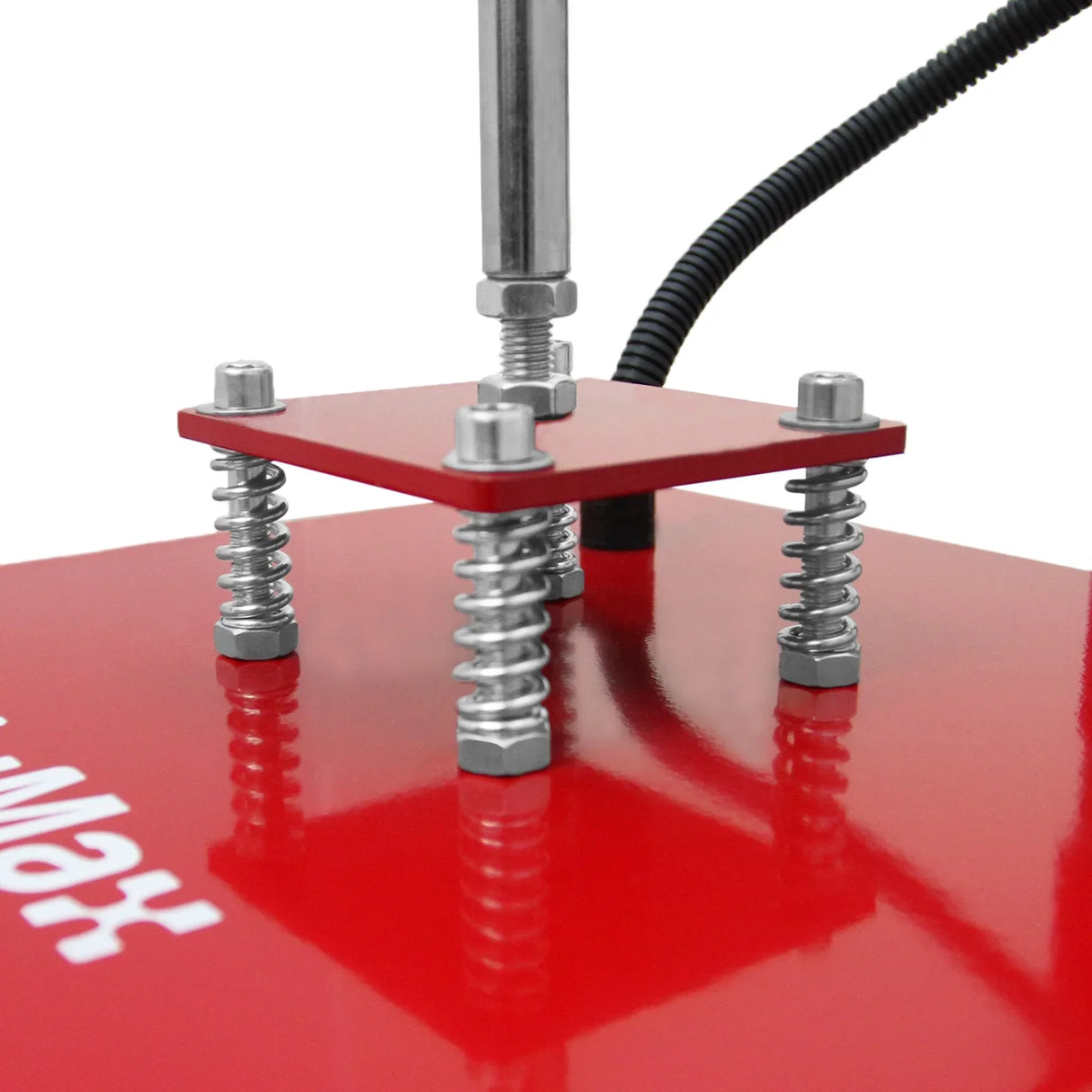 Red heat press machine base with adjustable springs and metal screws, designed for sublimation printing on face masks