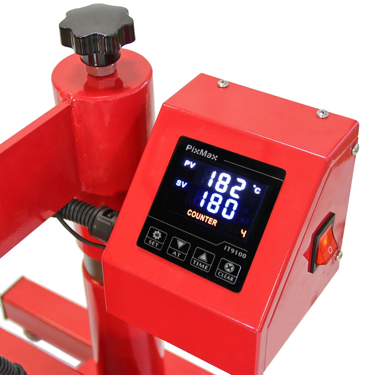 Red control panel of a 38cm swing press showing digital temperature and timer settings, with a black knob and power switch