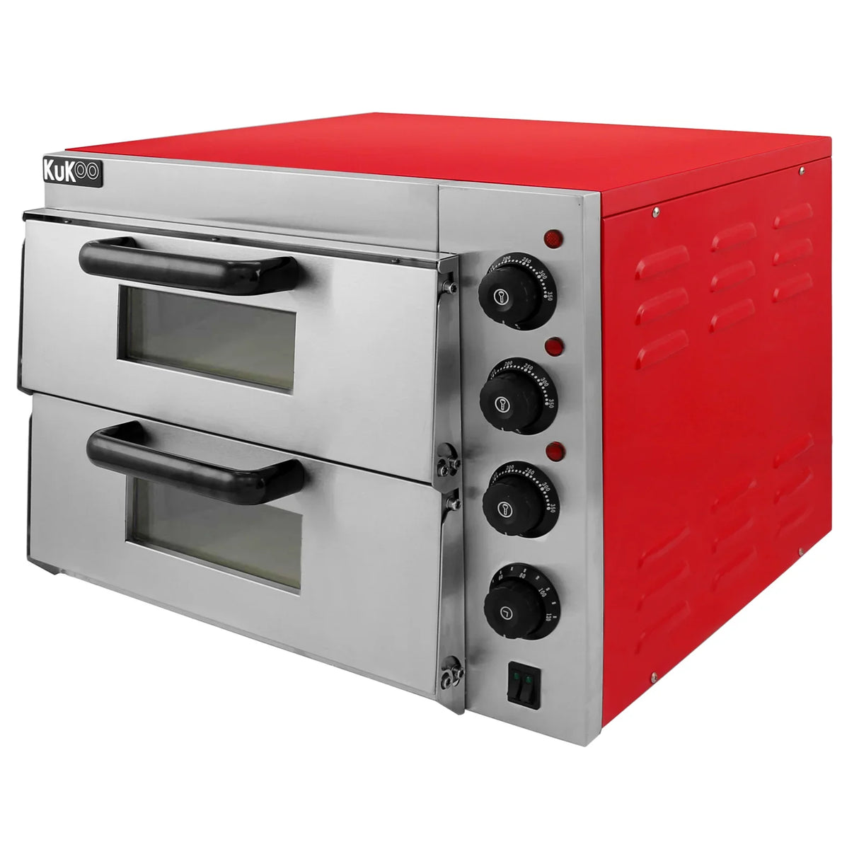 KuKoo 16" twin deck electric pizza oven with a vibrant red exterior, stainless steel accents, and dual glass doors for easy viewing