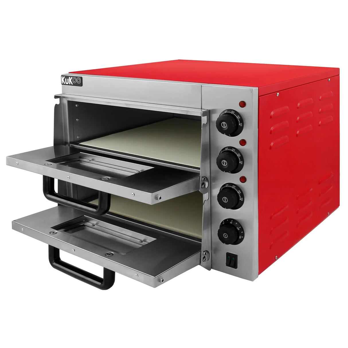 KuKoo 16" twin deck electric pizza oven with a vibrant red exterior, stainless steel details, and dual baking compartments for efficient cooking