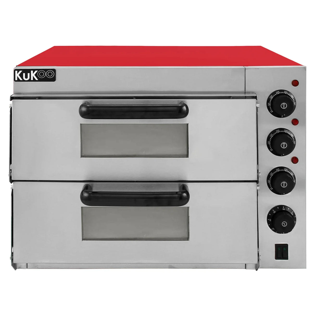 KuKoo 16" twin deck electric pizza oven with stainless steel body, red top, dual glass doors, and adjustable temperature controls