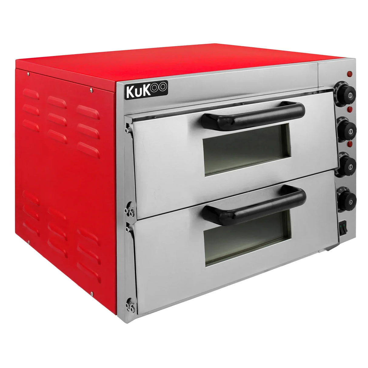 KuKoo 16" twin deck electric pizza oven with a vibrant red exterior, stainless steel front, and two viewing windows for easy monitoring