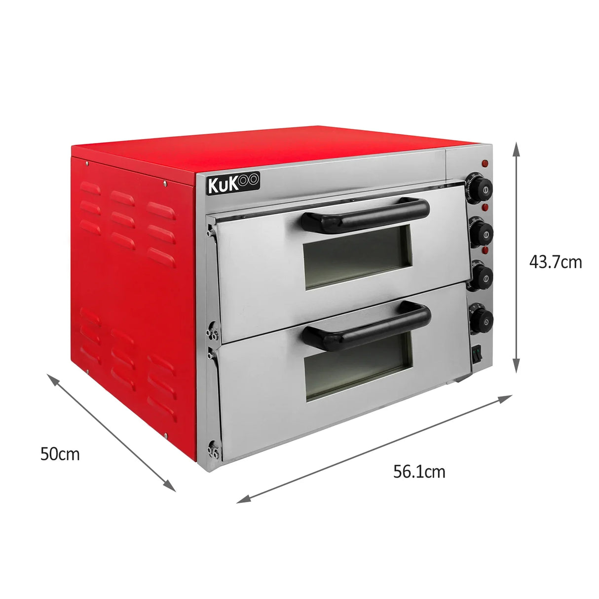 KuKoo 16" Twin Deck Electric Pizza Oven in red and stainless steel, featuring two cooking compartments and adjustable temperature controls