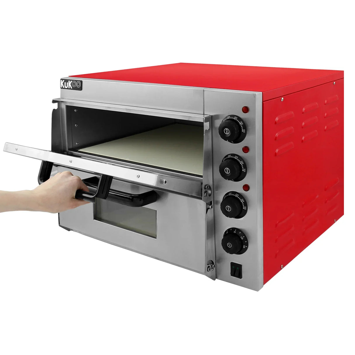 KuKoo 16" twin deck electric pizza oven with a vibrant red exterior, stainless steel front, and a hand pulling out the tray
