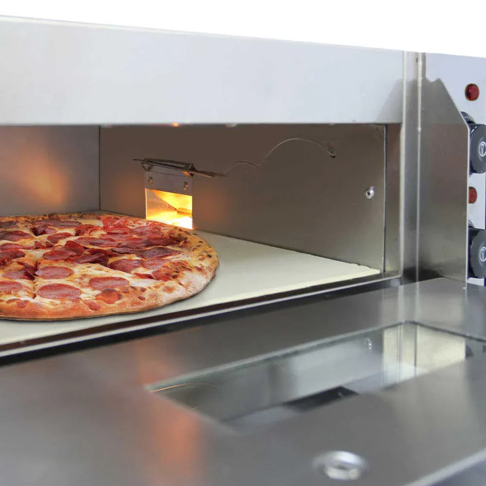 KuKoo 16" twin deck electric pizza oven with a pepperoni pizza, stainless steel finish, and visible heating element inside