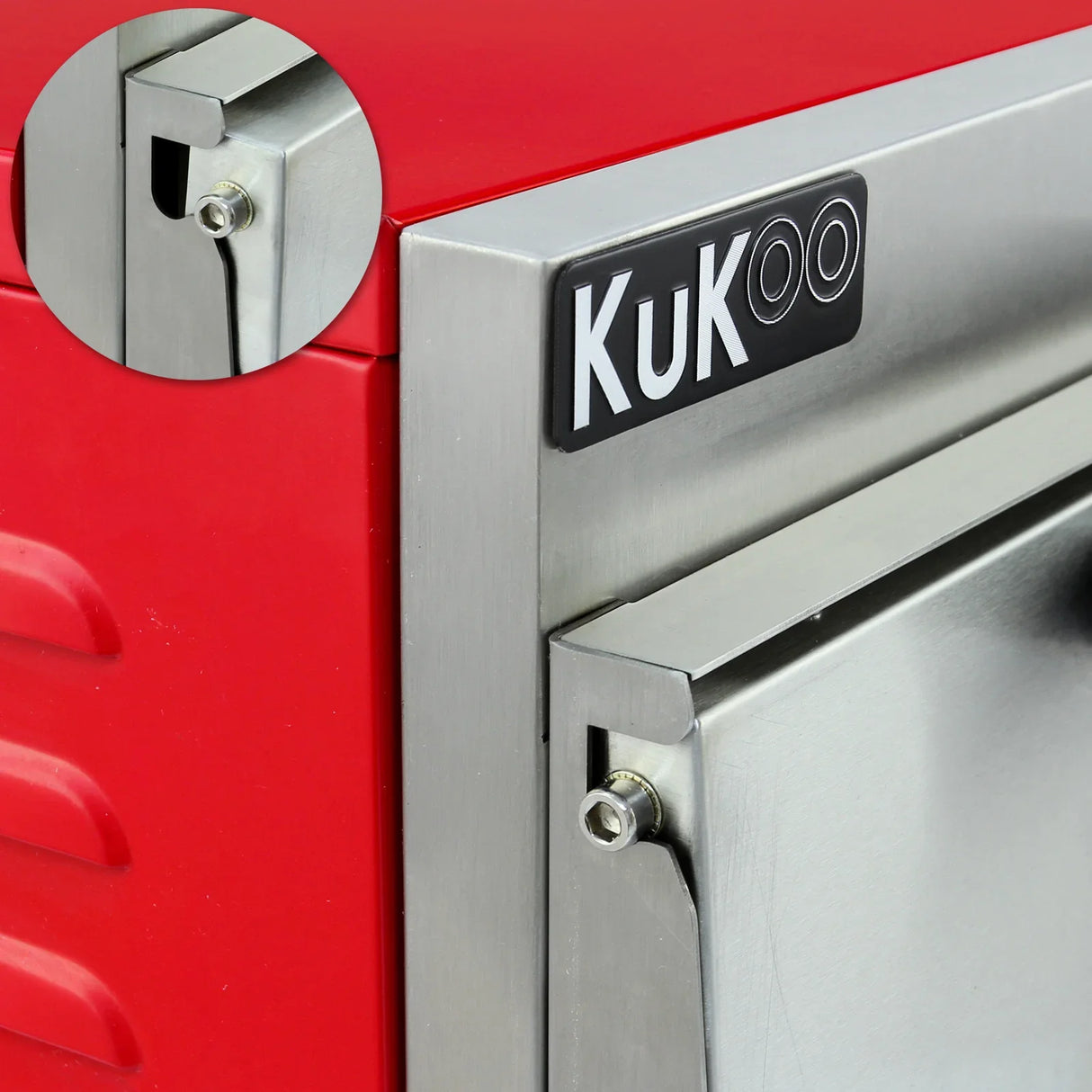 Close-up of the KuKoo 16" Twin Deck Electric Pizza Oven's stainless steel door handle and vibrant red exterior, showcasing its durable design