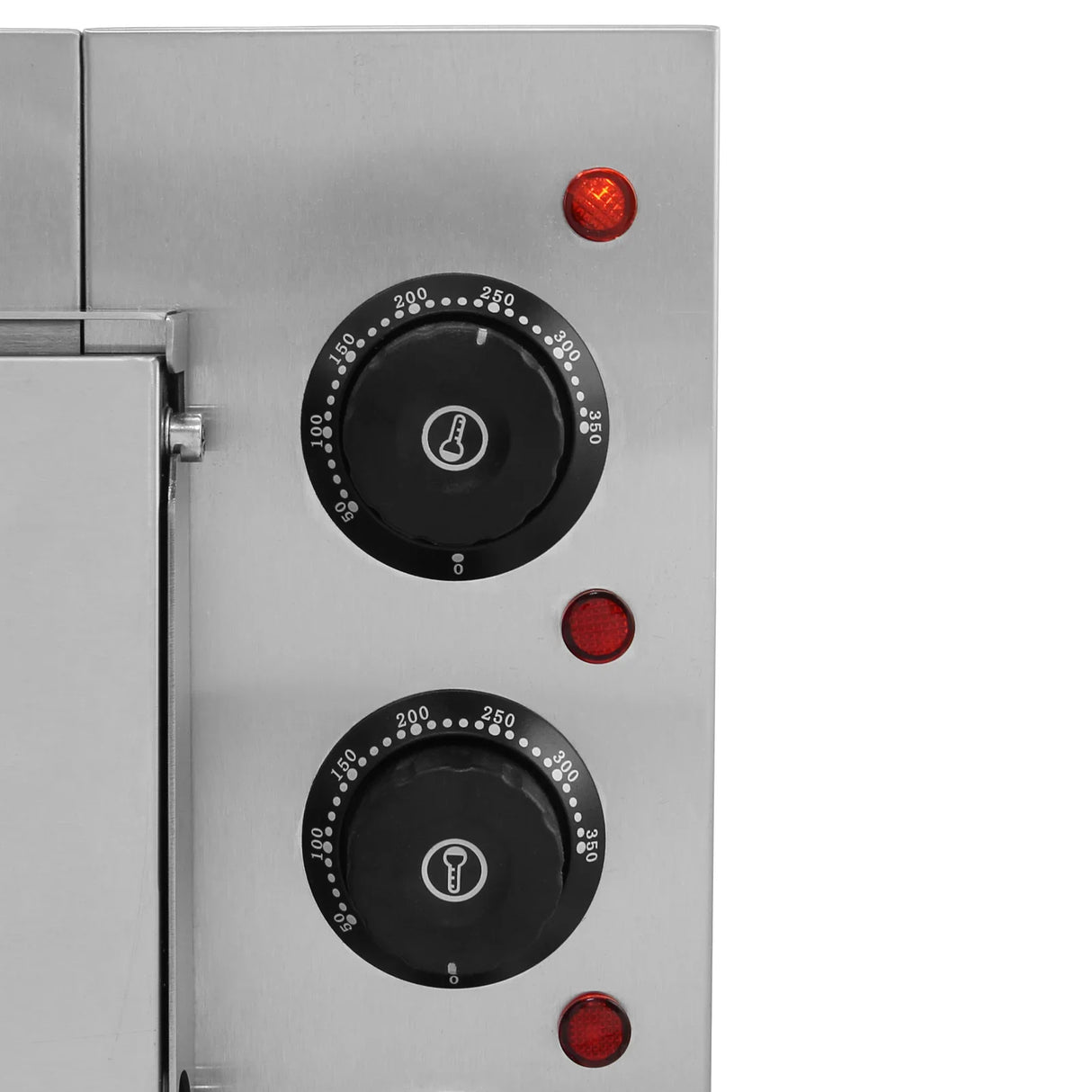 Stainless steel control panel of KuKoo 16" Twin Deck Electric Pizza Oven with temperature dials and indicator lights