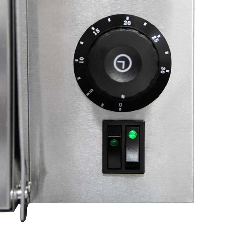 Stainless steel control panel of the KuKoo 16" Twin Deck Electric Pizza Oven featuring a timer dial and power switches