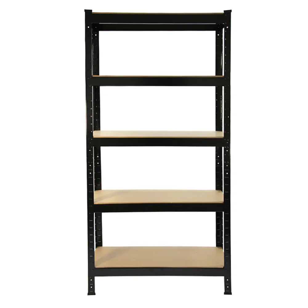 Heavy-duty black shelving unit with four sturdy wooden shelves, measuring 75cm wide and 30cm deep, ideal for storage solutions