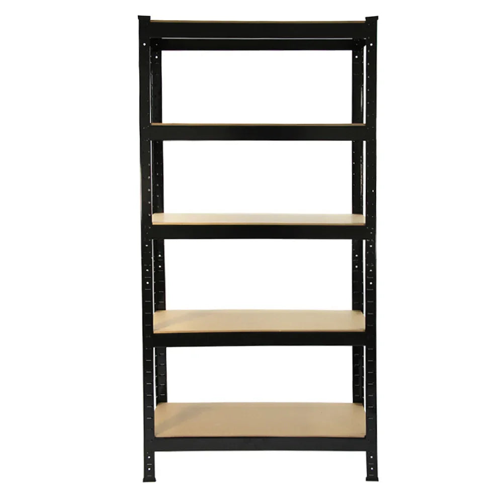 Heavy-duty black shelving unit with four sturdy shelves, measuring 75cm wide and 30cm deep, ideal for storage and organization