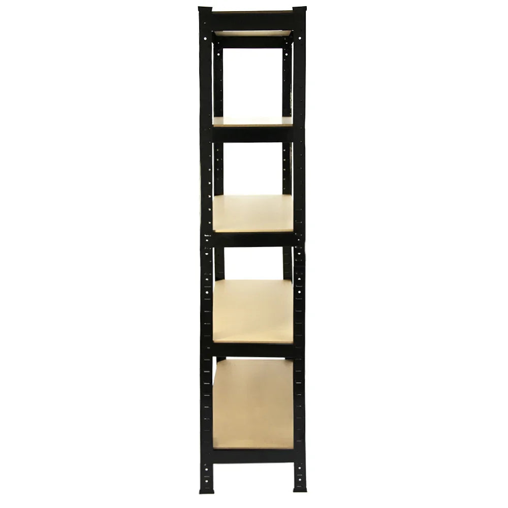 Heavy duty black shelving unit with four sturdy shelves, each 75cm wide and 30cm deep, designed for efficient storage and organization