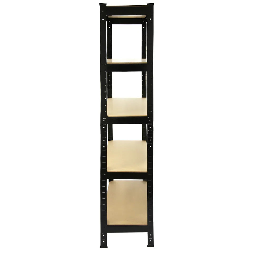 Heavy-duty black shelving unit with five sturdy beige shelves, ideal for storage and organization in various spaces, set of two