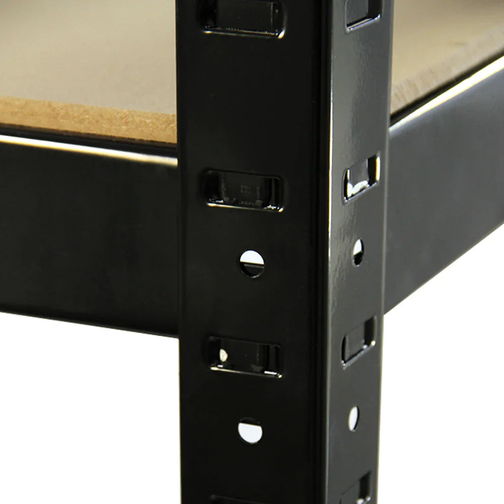 Heavy-duty black metal shelving unit with a sturdy frame and wooden shelf, showcasing adjustable height options and robust design