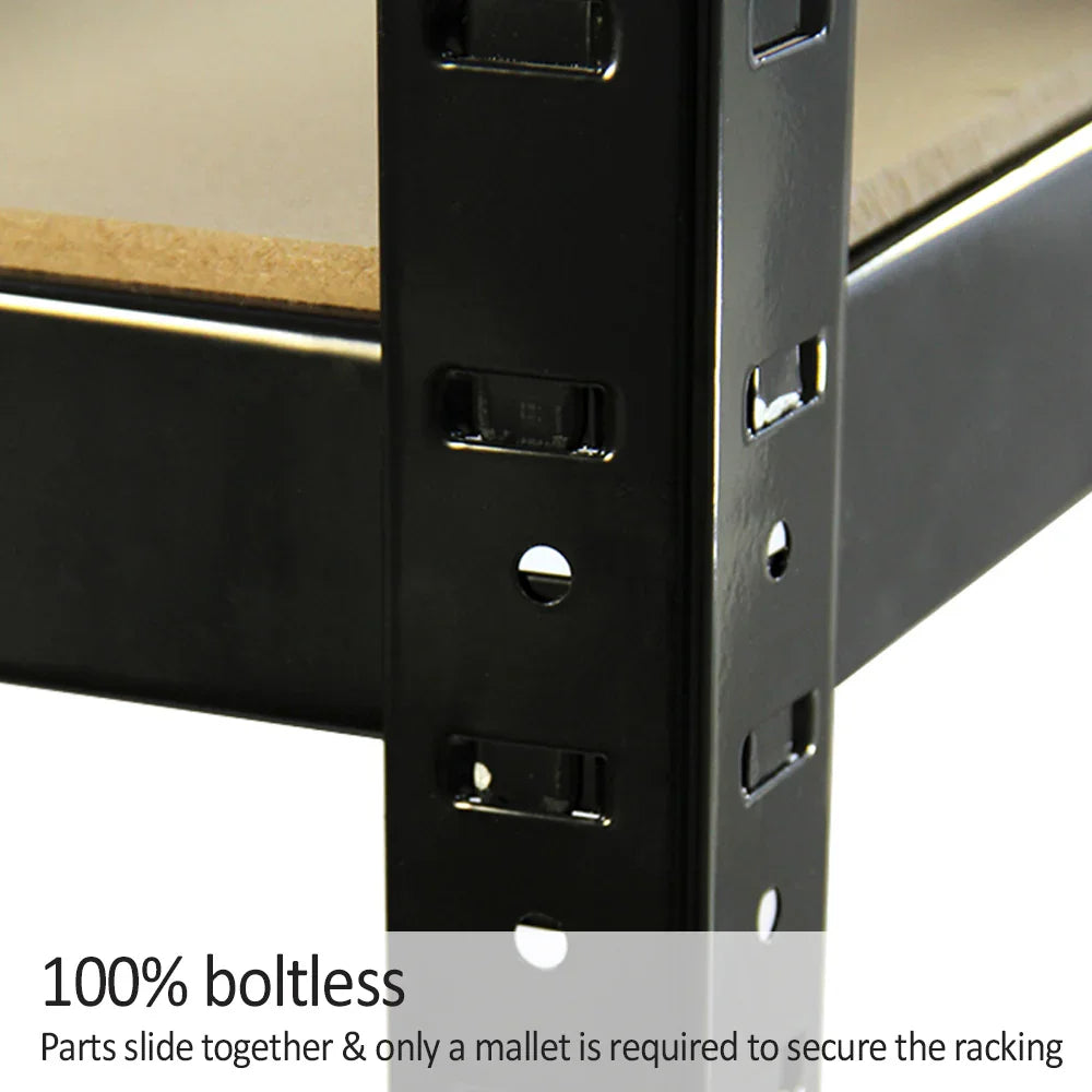 Heavy-duty black shelving unit with a boltless design, featuring sturdy metal frame and smooth wooden shelves for easy assembly