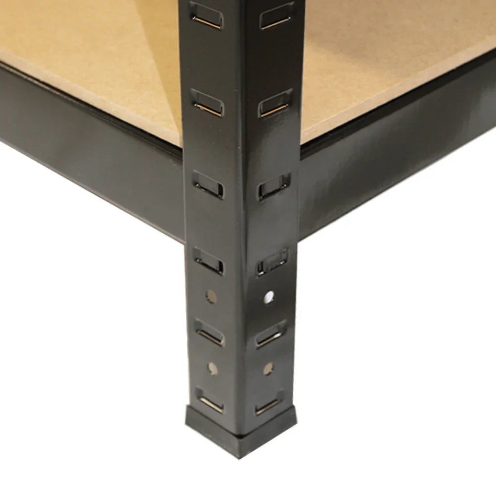 Heavy-duty black shelving unit corner, featuring sturdy metal frame, adjustable height slots, and smooth MDF shelves for storage solutions