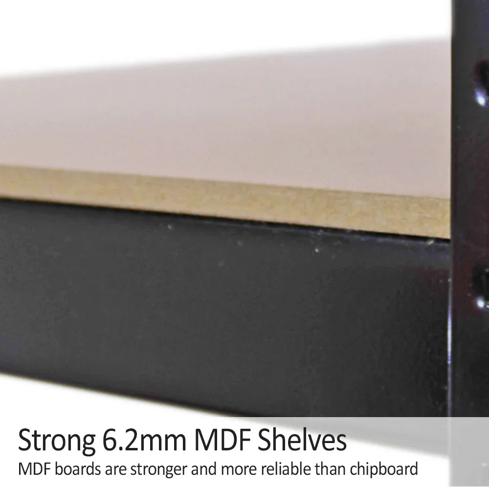 Heavy duty black shelving unit featuring strong 6.2mm MDF shelves, designed for durability and reliability in storage solutions