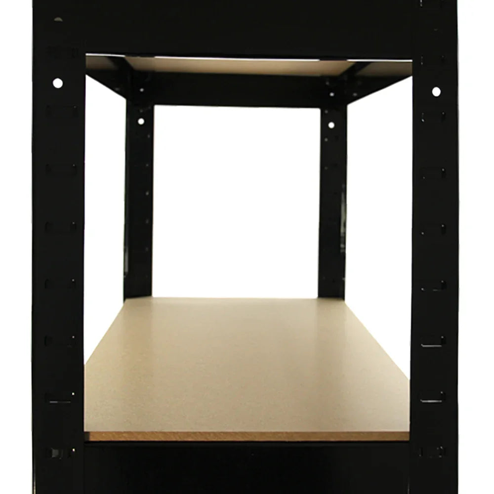 Heavy duty black shelving unit with a smooth wooden shelf, designed for storage, featuring sturdy metal frame and adjustable height
