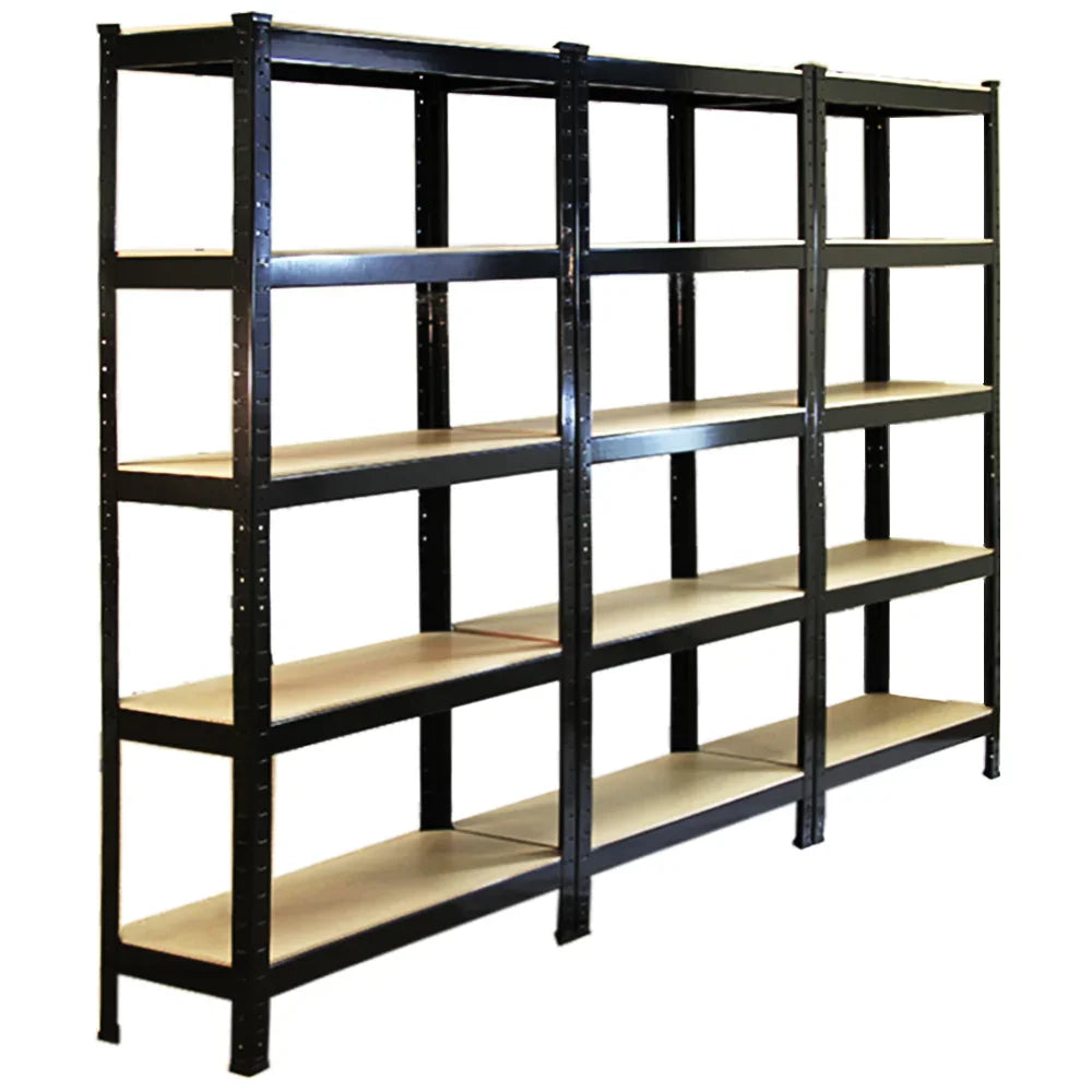 Heavy-duty black shelving units, 75cm wide and 30cm deep, featuring sturdy metal frames and multiple spacious shelves, set of 3