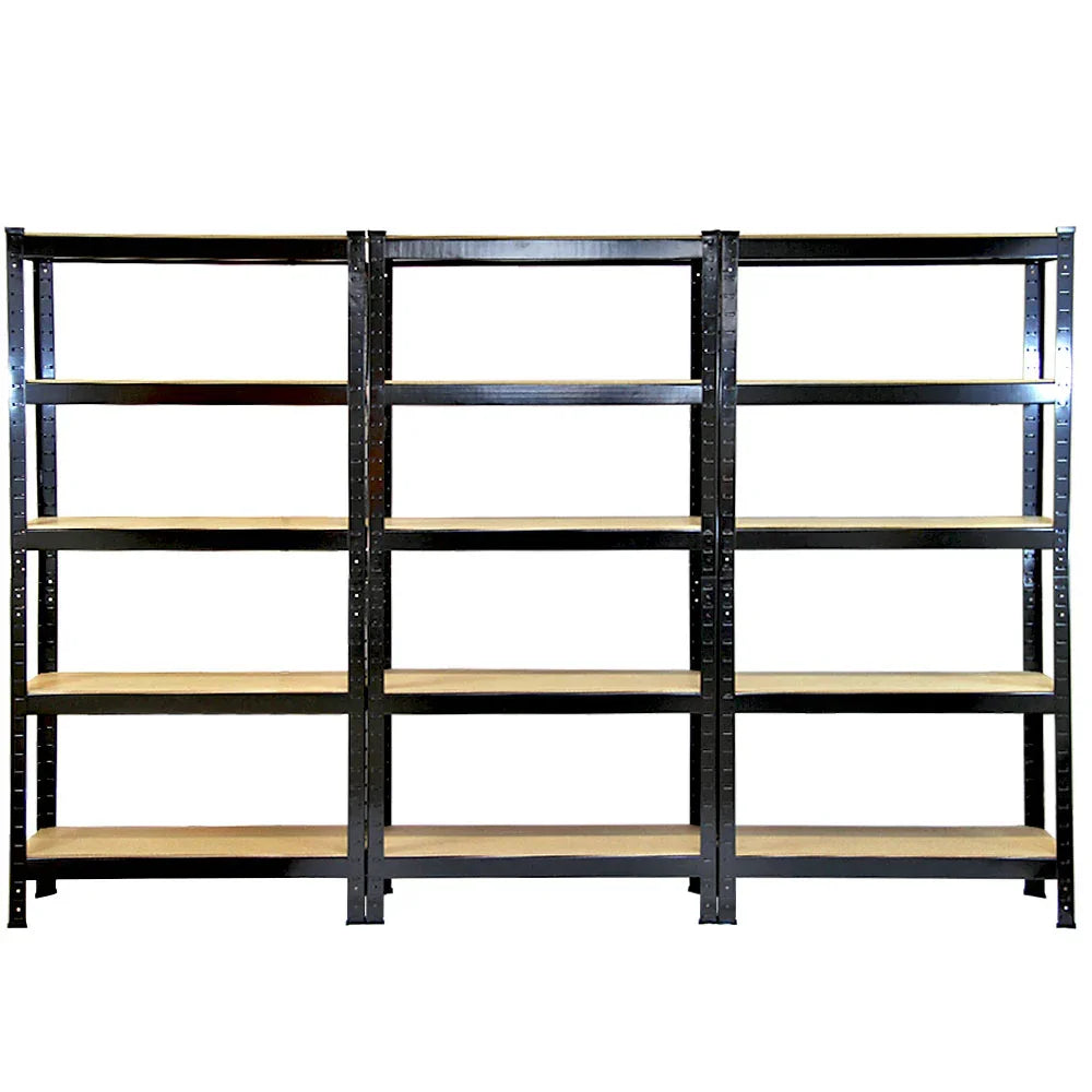 Heavy duty black shelving units, set of 6, featuring sturdy metal frames and wooden shelves, ideal for storage and organization