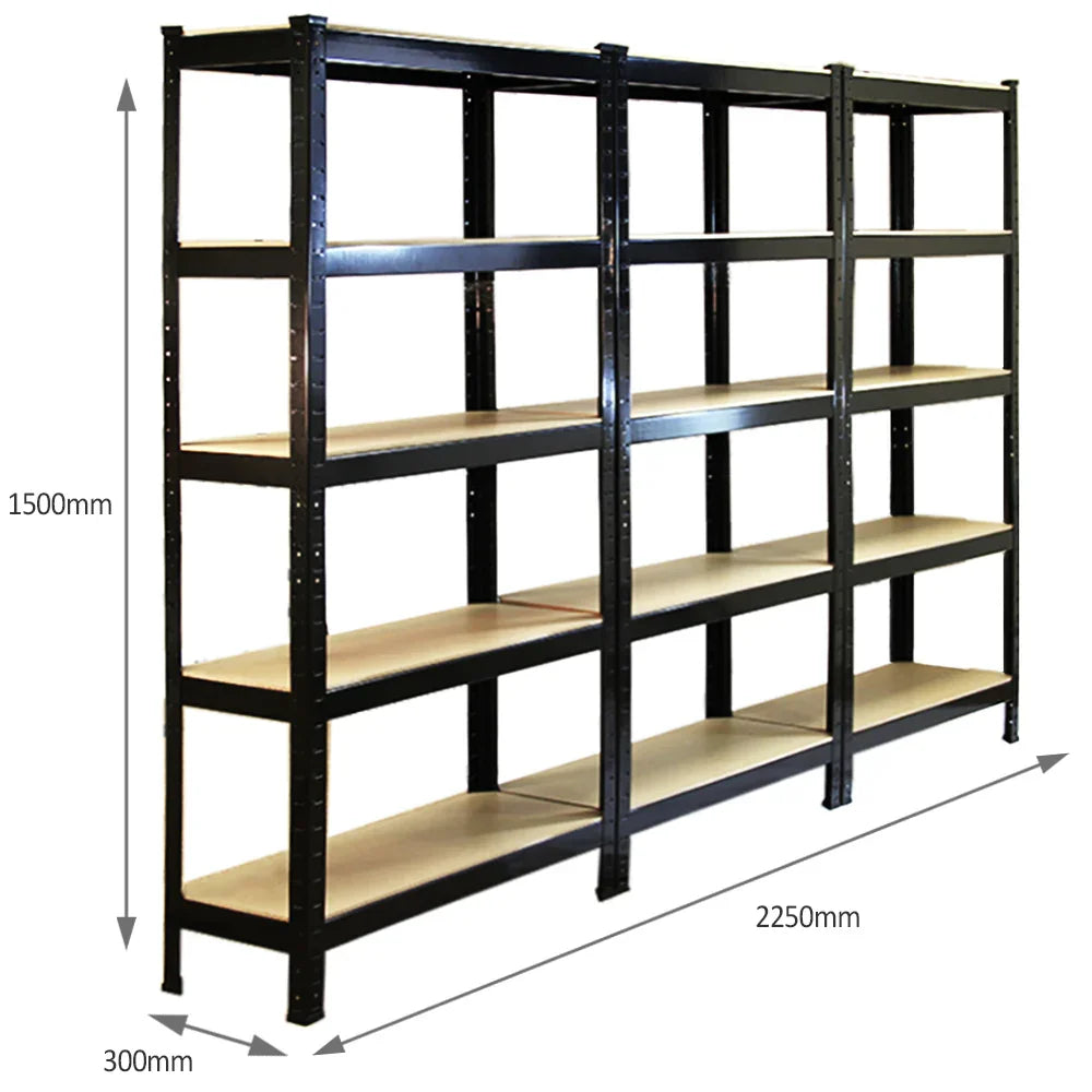 Heavy duty black shelving unit set of 3, 75cm wide and 30cm deep, featuring sturdy metal frame and wooden shelves, ideal for storage
