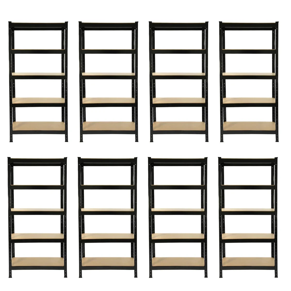 Eight black metal racking units with five wooden shelves each, showcasing a sturdy design ideal for storage and organization