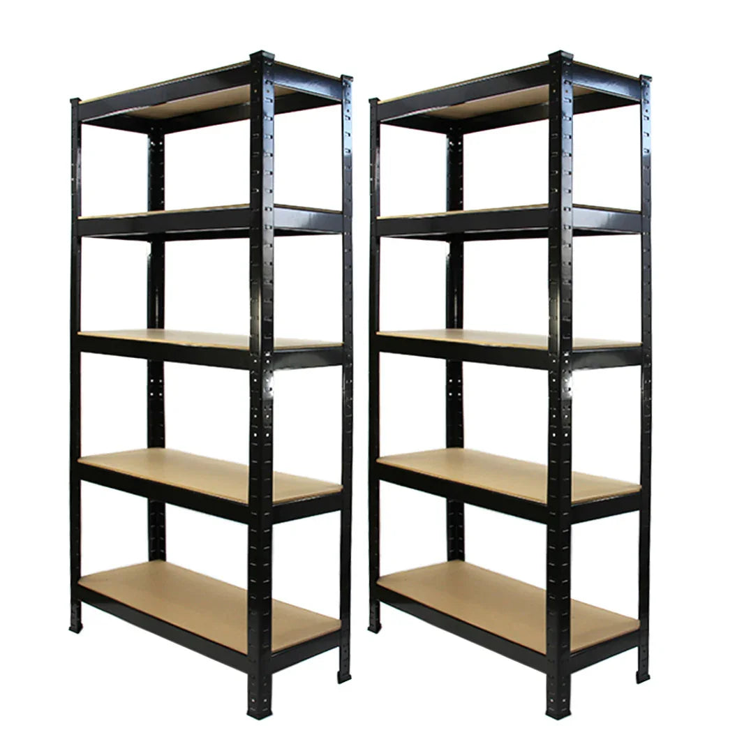 Heavy-duty black shelving units, 75cm wide and 30cm deep, featuring five sturdy shelves with a smooth, durable finish, set of 2